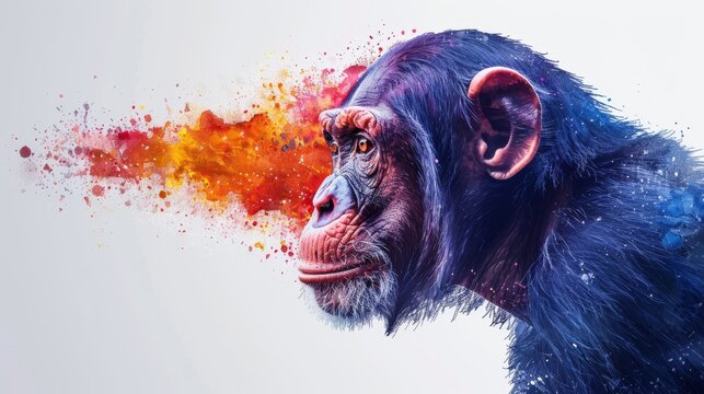 a close up of a monkey's face with a lot of paint splatters on it's face.