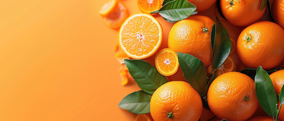 Fresh oranges on bright orange background