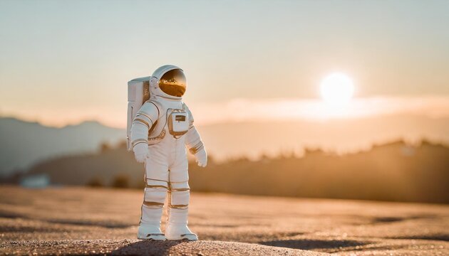 toy astronaut with a spacesuit in the surface of the moon with a background behind