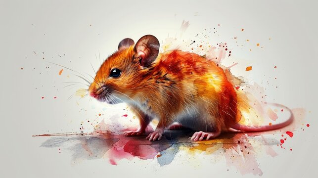  a watercolor painting of a mouse on a white background with a splash of paint on the side of the mouse.