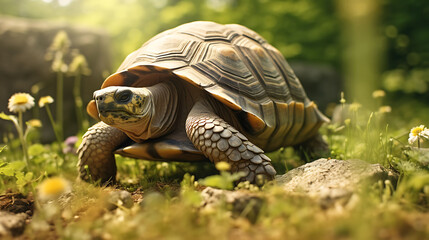 A close-up of a wise old tortoise navigating its way through a sunlit meadow.