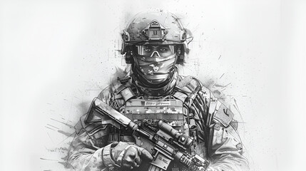  Tattoo flash of a front portrait of a special forces guy - obrazy, fototapety, plakaty