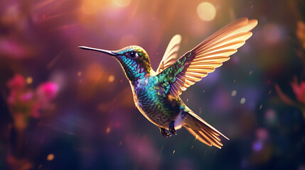 A dazzling hummingbird hovering in mid-air, its iridescent plumage catching the sunlight.