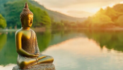 buddha statue by a lake serene asian spa background green nature web banner with space for text