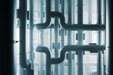 Intricate Industrial Pipeline Network in Vivid Monochromatic Blue Hues