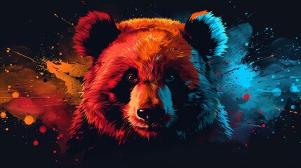  a close up of a bear's face with colorful paint splatters on the back of it's face. - obrazy, fototapety, plakaty
