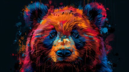 a close up of a bear's face with multicolored paint splattered on it's face.