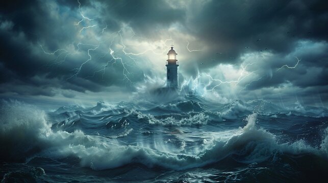 A ship navigating stormy waters drawn towards a lighthouse that is shrouded in darkness illustrating the perilous allure of sin