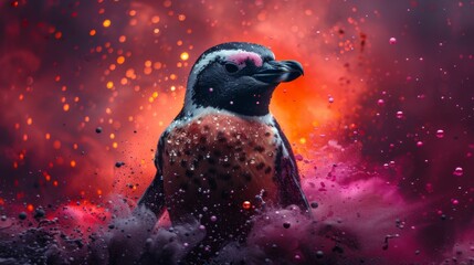  a close up of a bird with a lot of drops of water on it's face and a blurry background. - obrazy, fototapety, plakaty
