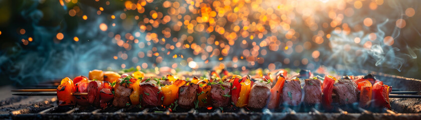 Juicy kebabs with vegetables grilled over a flaming charcoal barbecue, with embers and smoke. - obrazy, fototapety, plakaty
