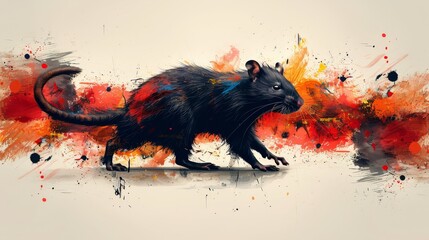  a painting of a black rat with orange, red, and blue paint splatters on it's body.