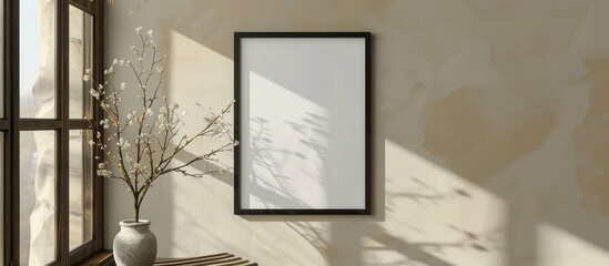 A black wooden mockup frame with a vertical orientation is shown hanging on a beige wall in a Scandinavian interior.