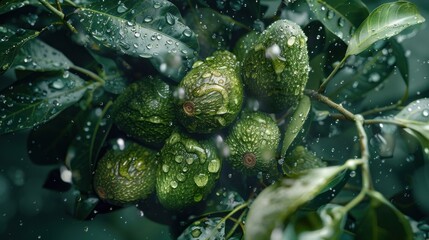 Fresh Avocados on Tree with Dew Drops
