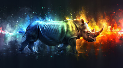  a rhinoceros standing in front of a multicolored background with a star burst in the middle of the rhinoceros.