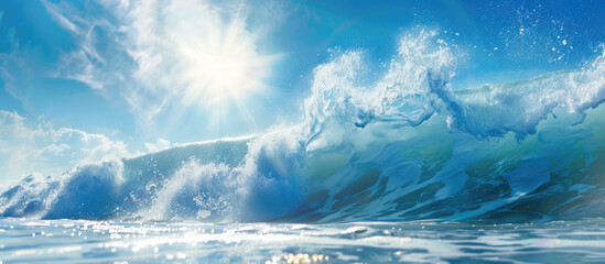 Close-up of vibrant ocean wave and sun