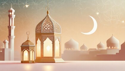 decoration background with lantern and crescent moon luxury style ramadan kareem mawlid iftar isra miraj eid al fitr adha - obrazy, fototapety, plakaty