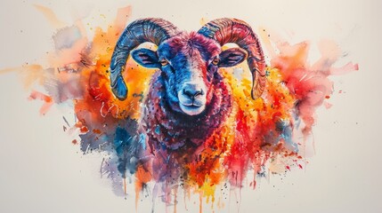  a painting of a ram with multicolored paint splatters on it's face and horns, with a white background.