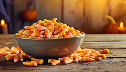 a vibrant display of candy corn in a bowl on a rustic table for halloween a halloween themed background with copy space