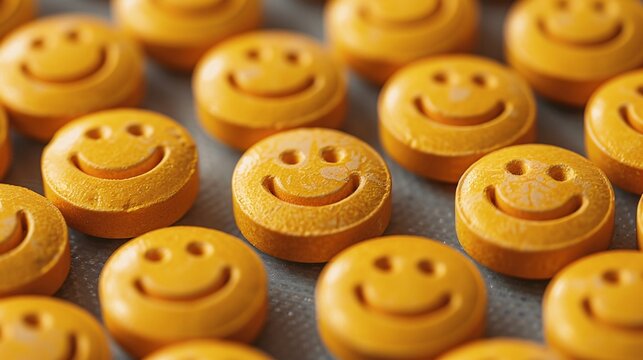 an image featuring yellow smiley face circle pills in pill tab packaging, with ample text copy space.