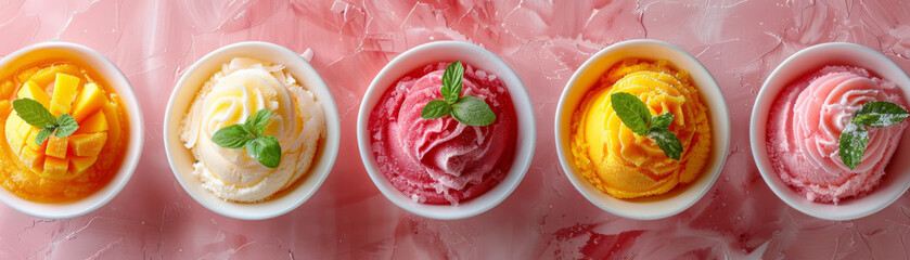 Delicious mango, strawberry, and lemon sorbets garnished with fresh mint in bowls on a pink background. - obrazy, fototapety, plakaty