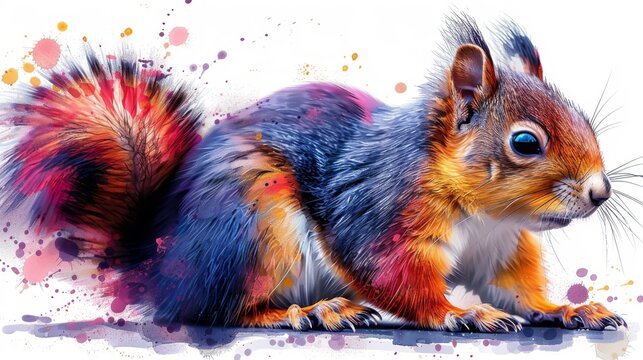  a painting of a squirrel with multi - colored paint splattered all over it's body and tail.