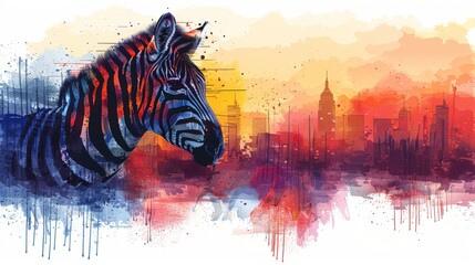 Fototapeta premium a painting of a zebra standing in front of a cityscape with a splash of paint on it's face.