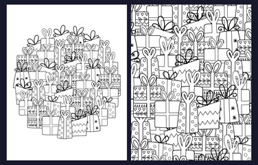 Cute gifts coloring pages set. Black and white summer templates with doodle presents. Outline festive background. Vector illustration
