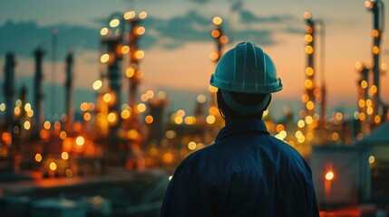 Young engineer with dark complexion standing on oil drilling rig in oil refinery, petroleum, petrochemicals in oil refinery