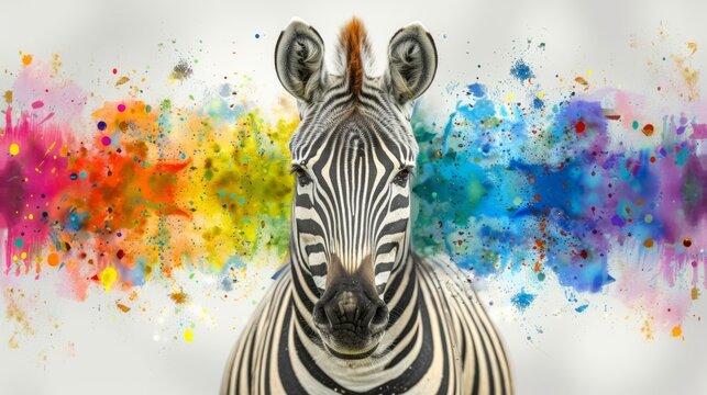  a zebra standing in front of a multicolored background with a splash of paint on it's face.