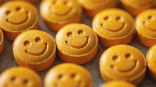 an image featuring yellow smiley face circle pills in pill tab packaging, with ample text copy space.