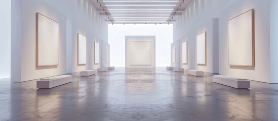 Art gallery with empty walls and blank frames, sample.
