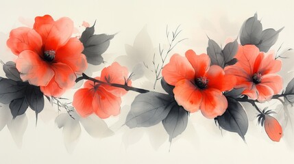  a painting of three red flowers on a white background with black leaves and one red flower on the left side of the frame.