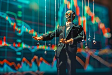 Generate a visually striking image of a business man puppet controlling the stock market fluctuations with precision