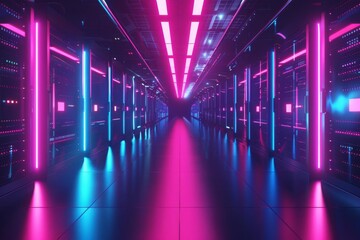 Futuristic big data center with server racks and glowing lights, cloud computing and web services concept, digital 3D illustration - obrazy, fototapety, plakaty