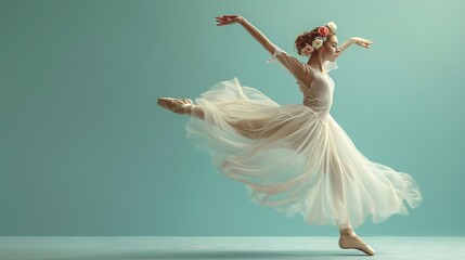 a ballet dancer gracefully leaping, dressed in a long white gown and a delicate flower crown,...