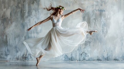 a ballet dancer gracefully leaping, dressed in a long white gown and a delicate flower crown,...