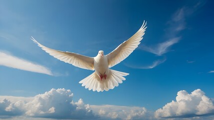 The dove's pure white feathers contrast beautifully against the azure backdrop of the sky, creating a striking visual image of purity and grace. Each feather is depicted in intricate detail, from the  - obrazy, fototapety, plakaty