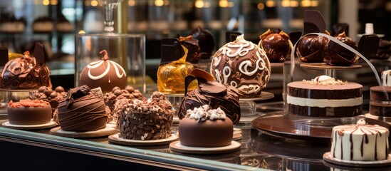 A display case in a bakery building showcasing an array of delicious chocolate desserts. The city is filled with the aroma of sweet treats - Powered by Adobe