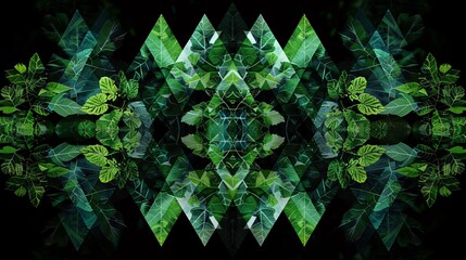 Creative arts and nature fusion, water, green triangles, tints on black background, symmetrical pattern inspired by terrestrial plants