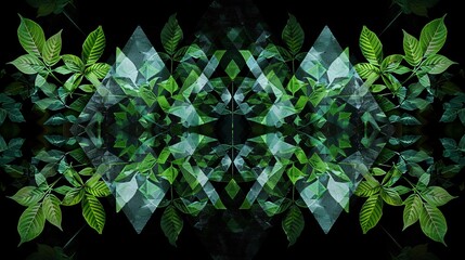 Creative arts and nature fusion, water, green triangles, tints on black background, symmetrical pattern inspired by terrestrial plants