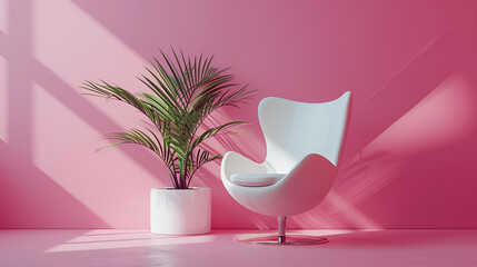 Relaxing chair with plant Monochrome minimal theme, 3D render, Bright interior with blue armchair, Stylish room interior with comfortable armchair, floor lamp near light wall, Generative Ai