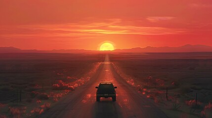 An open road at sunset a car driving away from the city the embodiment of weekend escapism