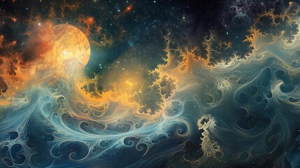 Abstract Oceanic Swirls with Celestial Patterns and Cosmic Phenomena