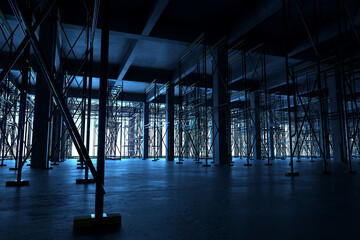 Eerie Abandoned Warehouse Interior with Complex Scaffolding Shadows
