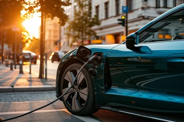 Fotobehang A blue electric car is charging on a city street. The car is parked in front of a building with a yellow sign on it. The scene is set in the evening, with the sun setting in the background © Nataliia_Trushchenko