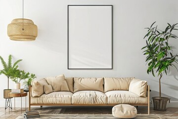 Modern living room with empty picture frame mockup, interior design 3D rendering