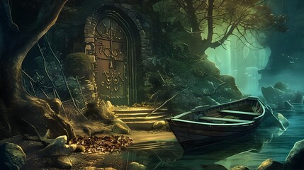 Abandoned Boat at the Enchanted Doorway in a Mystical Forest Landscape