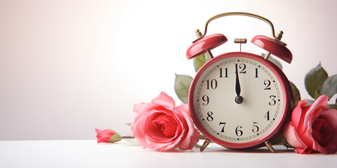 Beautiful red roses and alarm clock on wooden background