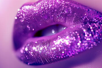 A close up of a woman's lips with glittery purple makeup. The lips are the main focus of the image,...