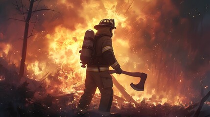 Brave Firefighter with Axe Confronting Raging Inferno in Dramatic Digital Artwork - obrazy, fototapety, plakaty